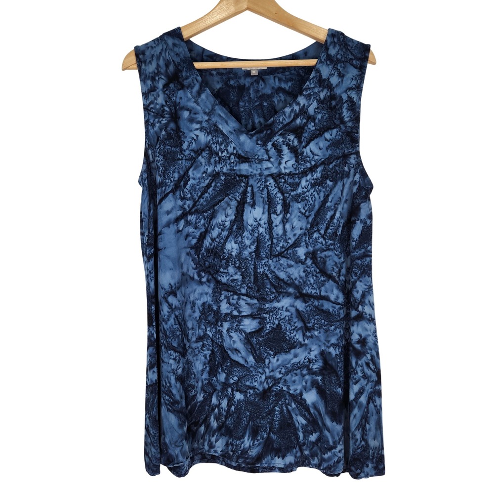 Novica Blue Batik Tie Dye Sleeveless V-Neck Rayon Top XL Flowy Casual